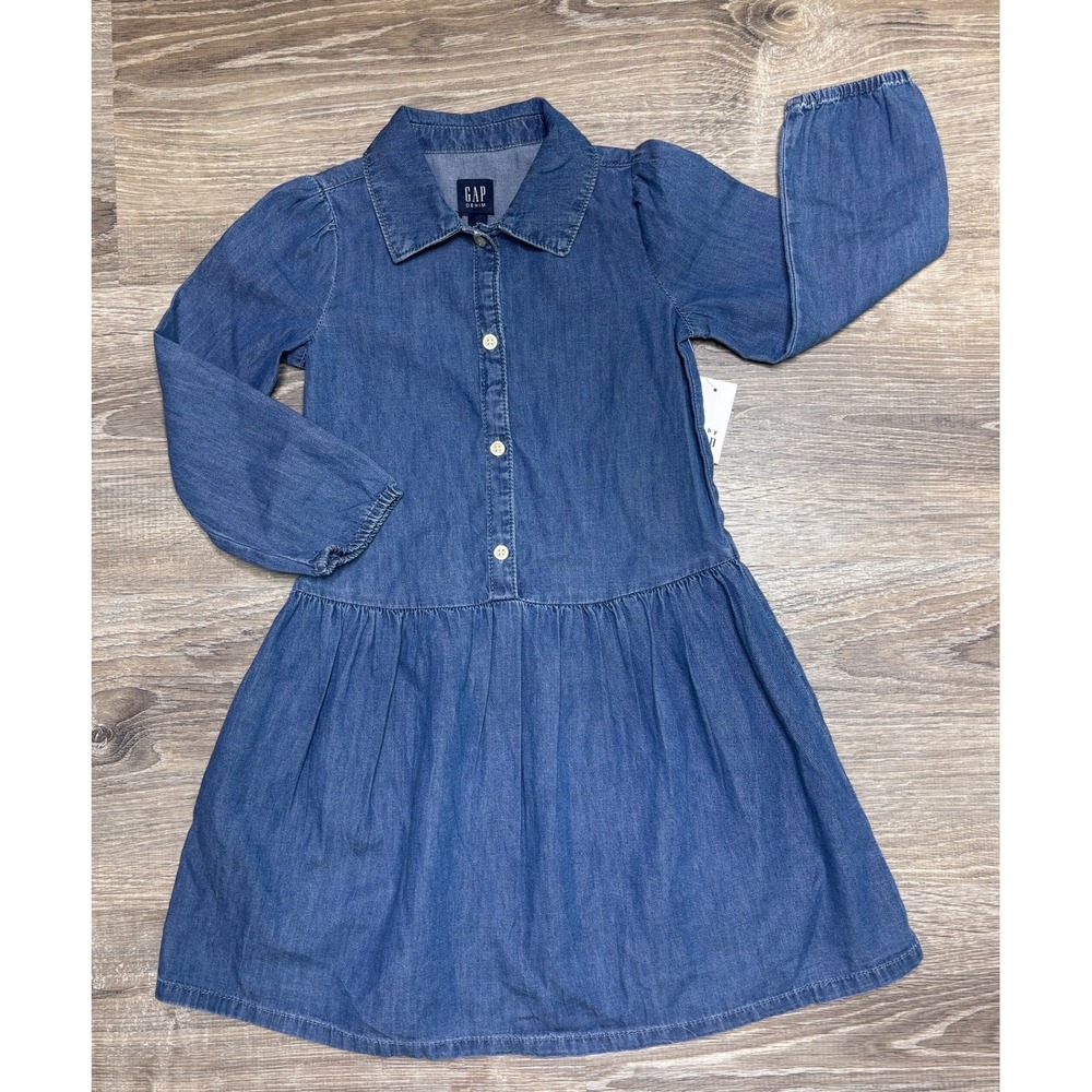 Gap Kidsβ Girls Blue Denim Long Sleeve Button Front Shirt Dress Size 5 Years NWT